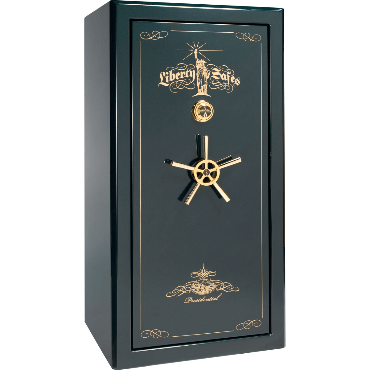 Presidential Series | Level 8 Security | 2.5 Hours Fire Protection | 25 | Dimensions: 60.5&quot;(H) x 30.25&quot;(W) x 28.5&quot;(D) | Green Gloss Gold Hardware | Mechanical Lock